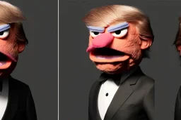 Angry muppet trump, round nose, in suit, eyebrows, spray tan mad