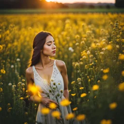 Young woman in flower field in the evening