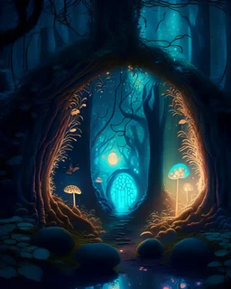 A mystical forest with glowing mushrooms and hidden doorways.