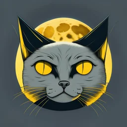 Cat's head, cartoon style, yellow eyes, staring at the moon