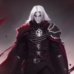 Vampire knight, young man, handsome, long white hair, black full plate armor, red cape