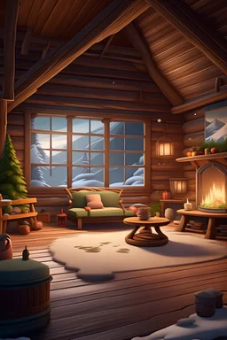 a double suitable living room with a portable floor with classic ceiling window two side log cabin, interiors design, lightning surrounding, durable rockchair,vase flowers decorations, children playing, wishing happy Xmas in advance,outside is a glowing snow -covered landscape.