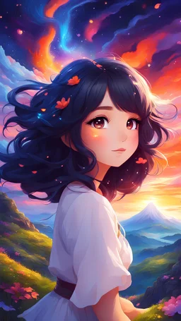 "Imagine and create a breathtaking illustration showcasing an adorable and beautiful anime girl with volcanic hair, big glowing eyes, set against a backdrop of a magical land filled with vivid colors, evoking a sense of wonder, imagination, and fantasy that invites viewers to escape into a world of dreams and enchantment through the art of illustration."