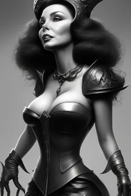 Joan Collins as evil queen in black leather, leather, busty, cleavage, angry, stern look. character design by cory loftis, fenghua zhong, ryohei hase, ismail inceoglu and ruan jia. unreal engine 5, artistic lighting, highly detailed, photorealistic, fantasy