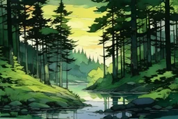 retro anime style, full color, dark serious 1980s anime style, A lake in the forest, watercolor, forest