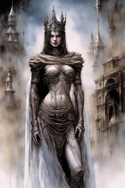 Hyper-photorealistic watercolor art style by Luis Royo & Stephan Martiniere, Surreal fine art etching of a figure by Luis Royo, tanned skin inscribed with the transient story of mortality, ethereal light playing with its form whispering tales of an eternal realm, eyes, black as the depths of the night, ardently pinand looking towards the endless skies, a crown of black hair mirroring the mystery of the cosmos around, whole scene tinged with an ethereal softness from volumetric lighting, hues gr,