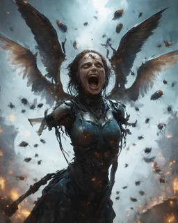 horror, swarming mechanical robotic insects, screaming woman, broken wings