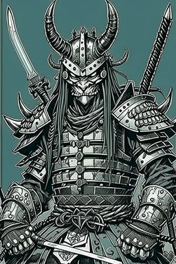 Armoured Samurai with oni mask ,manga, from 1980 dark fantasy, style by Kentaro Miura