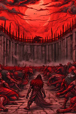 A lot of Prisoners line up in hell in front of a big wall , red clouds in the sky with huge amount of dead people laying on the ground