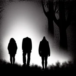 three figures, silhouettes, dark, foggy weather, night, forest, black, horror, art, evil, dark effect,