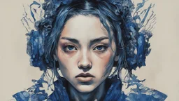 A beautiful portrait painting of a Singer Danish MØ face by Katsushika Hokusai, beautiful cyberpunk huge girl, symmetry, hyperdetailed, illustration darkblue tones,