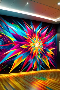 Create a hand-painted wall mural with vibrant neon geometric shapes exploding from the center, reminiscent of a cosmic burst. Use electrifying colors to convey a lively and energetic atmosphere give it a handpainted effect