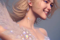 beautiful fairy very etheric, smiling, magic glamour make up, delicate colors, transparent wings, beautiful glamour transparent dress, ultra sharp focus, 8k, unreal engine 5, extremely sharp detail, light effect, soft light atmosphere, smooth, full of details, face in front, complete face and hair