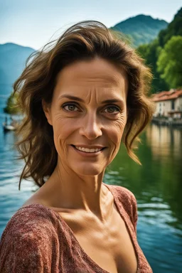 Act like a street photographer. Create a realistic photograph of a small Italian town at Como Lake in late spring with a 45-year-old, young look as her age, beautiful, slim Polish woman with brown hair and green eyes. Use a 24 mm lens and a Fuji T30 camera for mild light, warm, golden hour photos from a distance, elegant red dress, romantic pose, Richard Avedon style