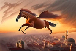 Ultra realistic vibrant half-human, half-horse creature (Centaur) flying after a dynamic jump in the sky before a Bird's-eye view of Istanbul at sunset, with Hagia Sofia visible, in the twilight, and fog and mist rolling in between the houses. Pastel brown and orange colors, sepia very attractive fantastic view