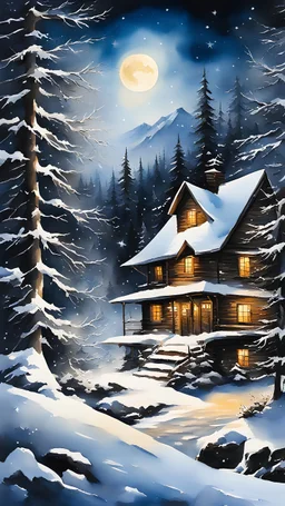 Masterpiece, best quality, watercolor painting style, painted by Bob Ross. Winter memories sit calmly in the heart The white and beautiful snow covers the cabin, The secluded village trembles with the sound of the wind, The endless and boundless black night carries the heart with it, Scattered stars, along with the bright moon, Intoxicate the heart on the deep border of the world, The peace we have always sought, Is right here with us, making the heart happy.