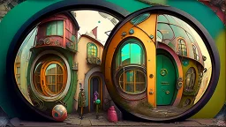 Set in a whimsical world inspired by steampunk and fantasy, the street is a blend of old and new with houses of postmodern design showcasing a mix of industrial and natural finishes. Curious individuals peer through the strange circular and spherical windows, their colorful outfits adding a vibrant contrast to the surroundings