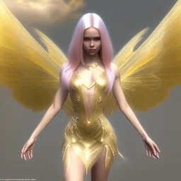 beautiful fairy very etheric, nice smiling, long blond hair, magic glamour pink make up, delicate colors, complete vision of very transparent golden and big wings, beautiful glamour transparent golden dress, ultra sharp focus, 8k, unreal engine 5, extremely sharp detail, light effect, soft light atmosphere, smooth, full of details, face in front, complete vision of face and hair and of the body