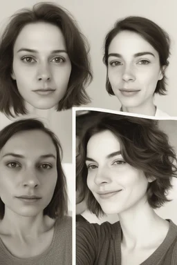 A selfie of a brunette woman, middle short hair, showing a 27-year-old European woman. She has white skin, tousled brown hair, face without makeup, big round dark brown eyes, cute profiled nose, detailed full lips, skin texture. show on the side same face but 10 years older