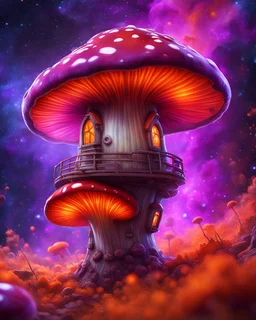 A floating island mushroom house in space. purple red orange cosmic, deep space nebulas. Detailed gloss Painting, bright color, fantastical, intricate detail, splash screen, hyperdetailed, insane depth, concept art, 8k resolution, trending on Artstation, Unreal Engine 5, color depth, backlit, splash art, dramatic, High Quality Whimsical Fun Imaginative, good composition