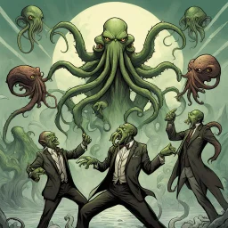 Meme of several Cthulhu's pointing at one another confusedly, dramatic, concept art, digital illustration, modern comic book art, by Aaron Brooks.