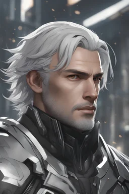 close up headshot portrait of a man in his 20's, silver hair, gray eyes, athletic build, perfect face, confident, protective-looking, Wadim Kashin, James Gurney, amazing beauty, splash art background, wears silver and black clothes, anime style, 8k resolution, high definition, intricate design,