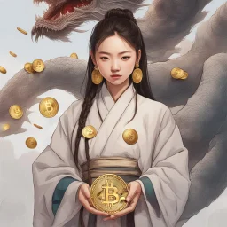 Bitcoin cryptocurrency in the hands of a traditional chinese girl, dragon head