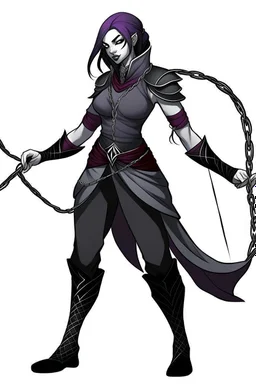 female gray skin Shadar-Kai wielding a Whip a whip made out of black thorns