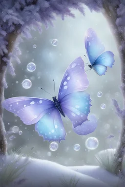 Lavender and light blue butterflies and bubbles in the snow