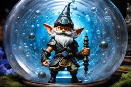 (in the style of Orion, by Masamune Shirow) (psychedelic, high res photo by Ray Harryhausen) Step inside, deeper, into the swirling glass vortex, a whole workshop of a techno mage gnome captured within a transparent, undulating bottle. The gnome, a stop-motion creature of latex and fur, with eyes wide and a manic grin, is in mid-creation, his multi-limbed, clockwork hands sculpting gears and sparks of blue energy from raw crystal. All around him, the environment breathes and collapses—a chaotic