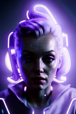 Ultra Realistic image, portrait, blonde woman, sweet Marylin Monroe face, perfect iris, glow eyes, glow makeup. Cyborg, Cyberpunk style, latex coat, yakuza tattoos body. fog, rain, soft color, highly detailed, unreal engine 5, ray tracing, RTX, lumen lighting, ultra detail, volumetric lighting, 3d, finely drawn, high definition, high resolution.