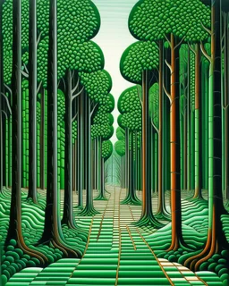 A green forest with giant trees designed in Navajo baskets painted by Victor Vasarely