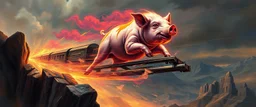 faster than a greased muscle shiny cowboy disco funk fusion pig on a runaway train jumping over the cliff . speed and energy, painted by Rembrandt and fallout 4