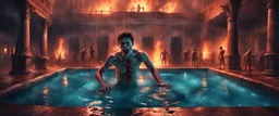 Hyper Realistic male zombie pool party at heavy rainy night inside a burning castle