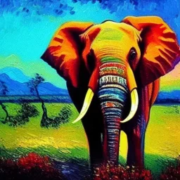 Dibujo al oleo de un elefante indio pintado con muchas nubes de colores estilo Vincent van Gogh 8k