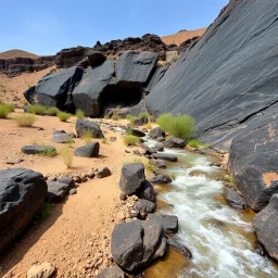 Fotografia di un paesaggio desertico con ruscello con polvere simile a malta e calcina, piante, rocce ruvide scure e corrose dallo scorrere dell'acqua, parete di roccia nera levigata e in parte ruvida con aperture