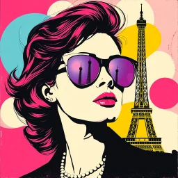 Pop art composition of a stylish woman wearing reflective sunglasses reflecting the Eiffel Tower, abstract shapes in background, classic advertising vibe, by Warhol