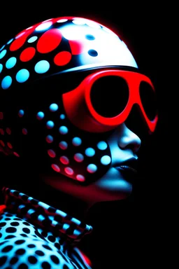 woman with red paint on full face, black round sunglasses, black and white swimming cap on head, black turtleneck, side view by joe scott , afrofuturism, futuristic, pop art, geometric, bizarre, surreal