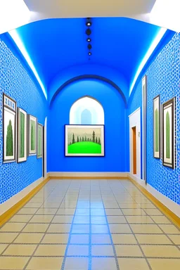 Museum of blue wall paintings, the shape of oval walls and a white floor, and there are walls in the middle in the shape of an oval, and there are oases on it on both sides