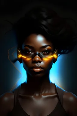 Generate me an image of a dark hair black woman with a bit shorter hair than shoulder length that is a software developer and has a blindfold. she have lightning super powers as well and wearing a mask