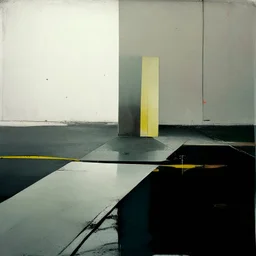 Minimal contemporary abstract oil paintings of a desolate 1960s carpark with road markings and concrete fragments. style of Justin Mortimer and Francis Bacon.