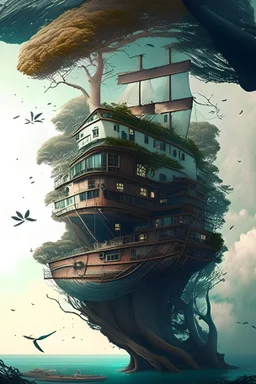 A ship in the house, above them, the sea and the trees.