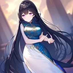 Clear focus,High resolution, Black long fluffy hair, and purple eyes, wearing a chinese dress, cute