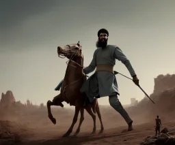 painting of a tall Muslim man fighting a lot of people