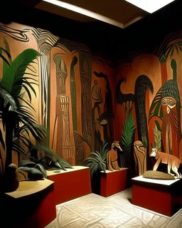 A tan dry prehistoric jungle designed in ancient Egyptian architectures and sculptures painted by Pablo Picasso