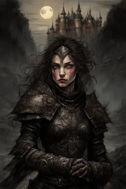 A formidable warrior girl in black armor, against the background of an amazing gloomy landscape, flooded with the light of two moons, mountains, trees, a fabulous scary landscape, juicy emotions, painting, dark fantasy, gloomy day, dark world, portrait, Gothic Town At Night, Fantasy, Intricate Details, Castle Courtyard Gardens, Hyper Detailed, Jean Baptiste Monge, Carne Griffiths, Michael Garmash, Seb Mckinnon, Masterpiece