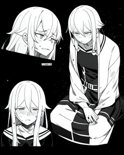 emotionless, numb, heartbroken, black and white, anime girl sitting with full black background