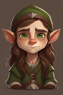 jugendlicher, männlicher Gnom, langes braunes Haar, dicke Nase, grüne Augen Druide, keine Mütze