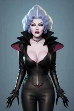 Mae West as evil queen in black leather, leather, busty, cleavage, angry, stern look. character design by cory loftis, fenghua zhong, ryohei hase, ismail inceoglu and ruan jia. unreal engine 5, artistic lighting, highly detailed, photorealistic, fantasy