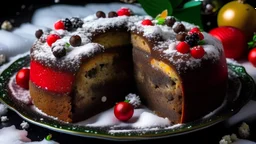 christmas cake, one piece is missing, on top is powdered sugar and a christmas ornament